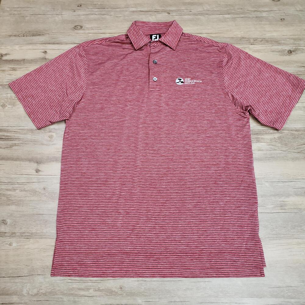 FootJoy Polo Shirt Mens Medium Red Stripe AT&T Pebble Beach Pro-Am Golf Stretch